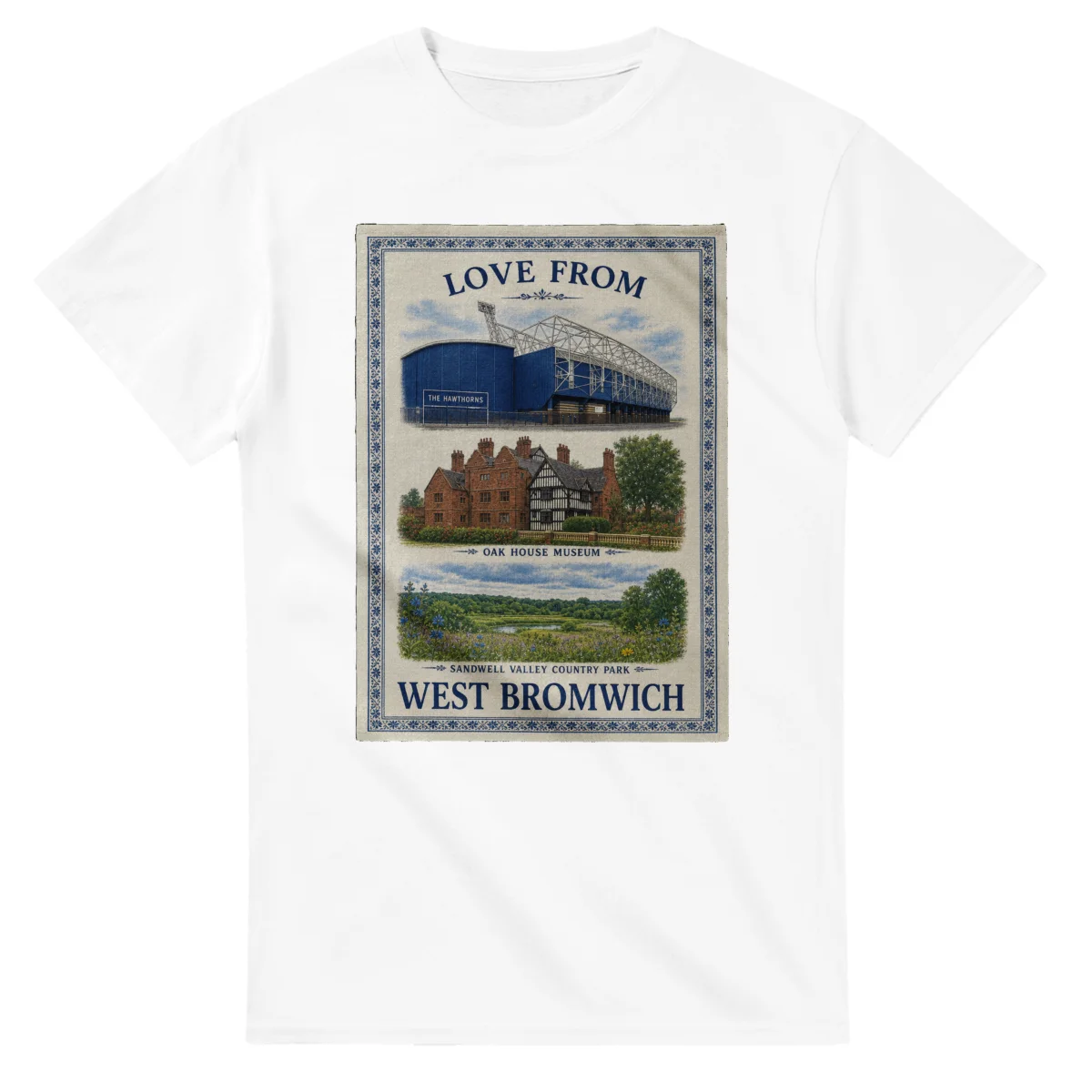 Framed scenic design for West Bromwich, with several local views, a decorative border and LOVE FROM lettering.
