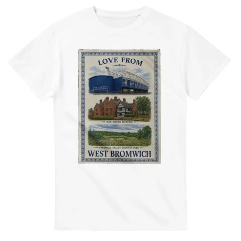 Framed scenic design for West Bromwich, with several local views, a decorative border and LOVE FROM lettering.