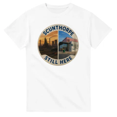 Painted, panelled scenic illustration for Scunthorpe, with paired local scenes and the place name in lettering.