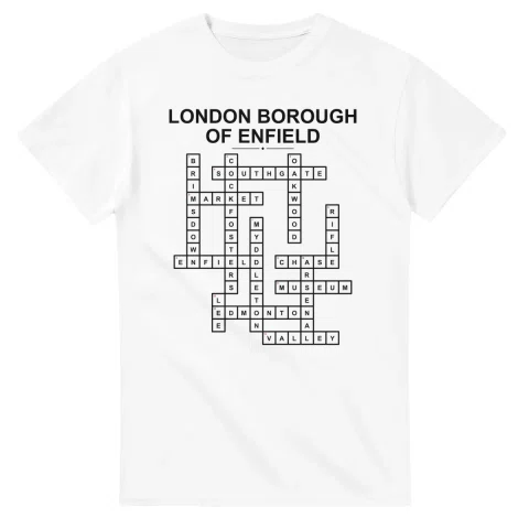 Monochrome crossword sheet for London Borough of Enfield, with a large place-name heading, a letter grid, and numbered across and down clues.