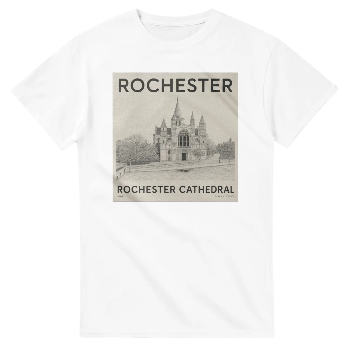 Fine-line engraving-style drawing for Rochester, with a landmark caption and small coordinate text.