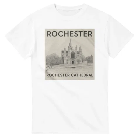 Fine-line engraving-style drawing for Rochester, with a landmark caption and small coordinate text.