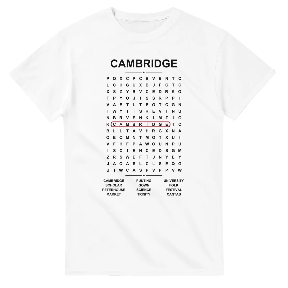 Word-search sheet for Cambridge, with a large place-name heading, a letter grid, a local answer list, and a red highlighted example word.