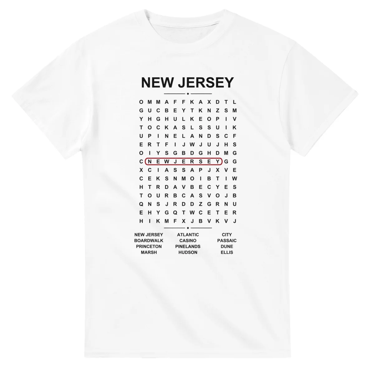 Word-search sheet for New Jersey, with a large place-name heading, a letter grid, a local answer list, and a red highlighted example word.