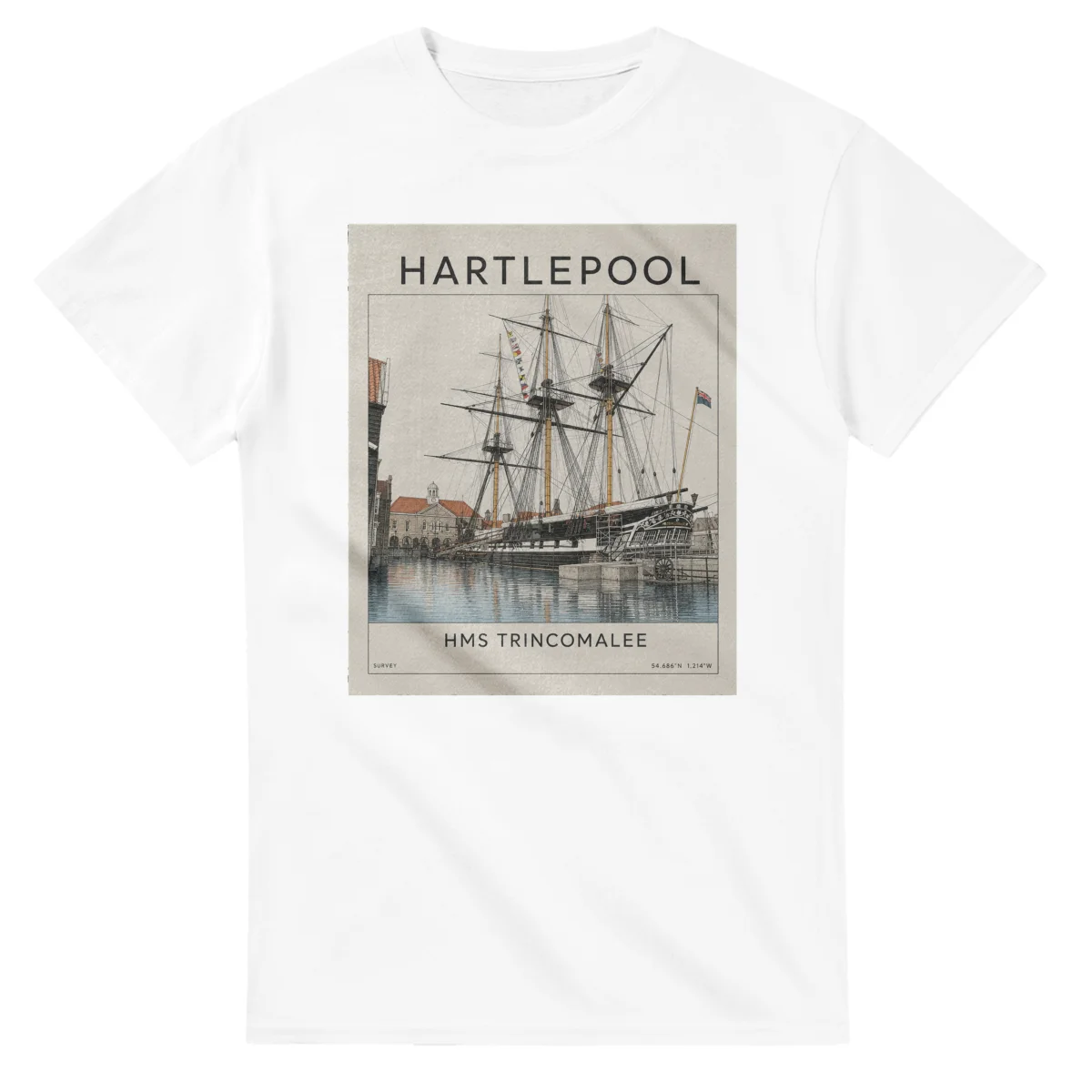 Fine-line engraving-style drawing for Hartlepool, with a landmark caption and small coordinate text.