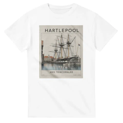 Fine-line engraving-style drawing for Hartlepool, with a landmark caption and small coordinate text.