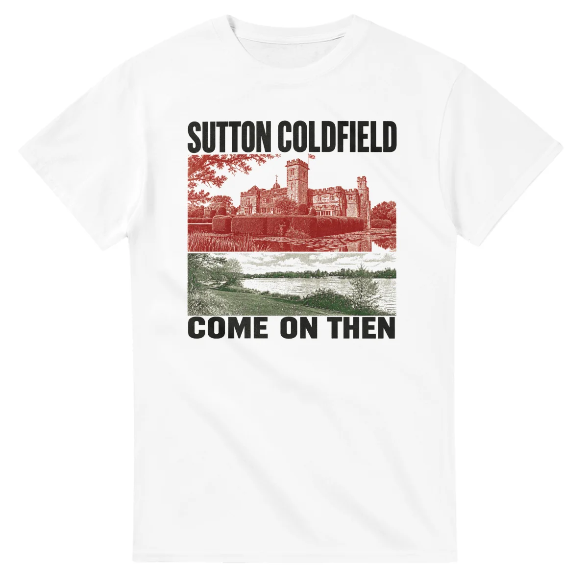 Two-colour scenic illustration for Sutton Coldfield, with the place name and COME ON THEN lettering.
