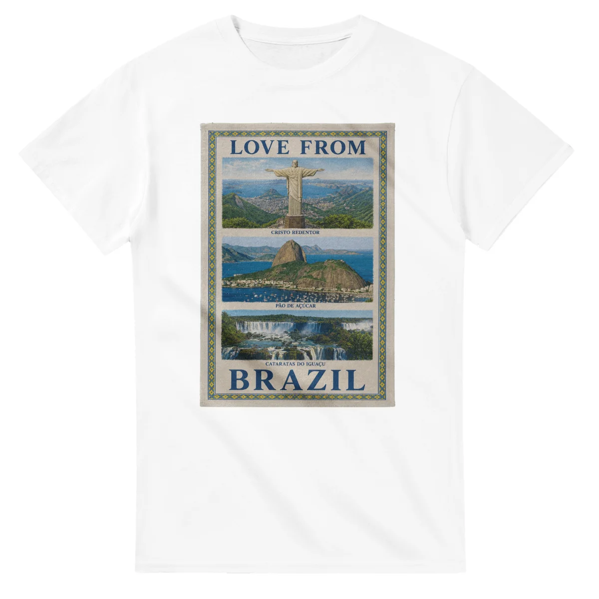 Framed scenic design for Brazil, with several local views, a decorative border and LOVE FROM lettering.