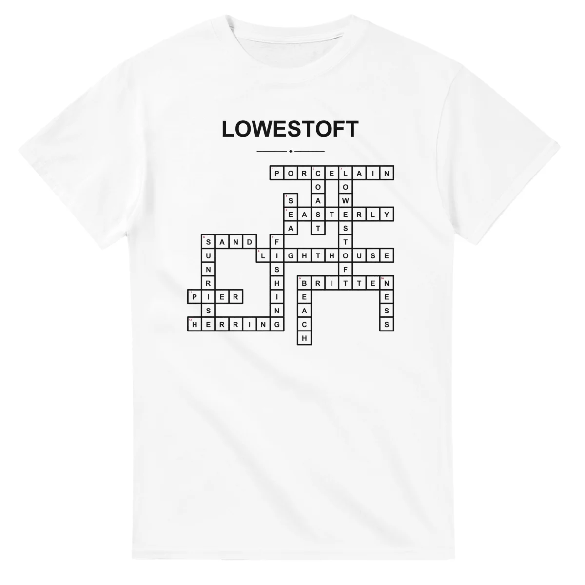 Monochrome crossword sheet for Lowestoft, with a large place-name heading, a letter grid, and numbered across and down clues.