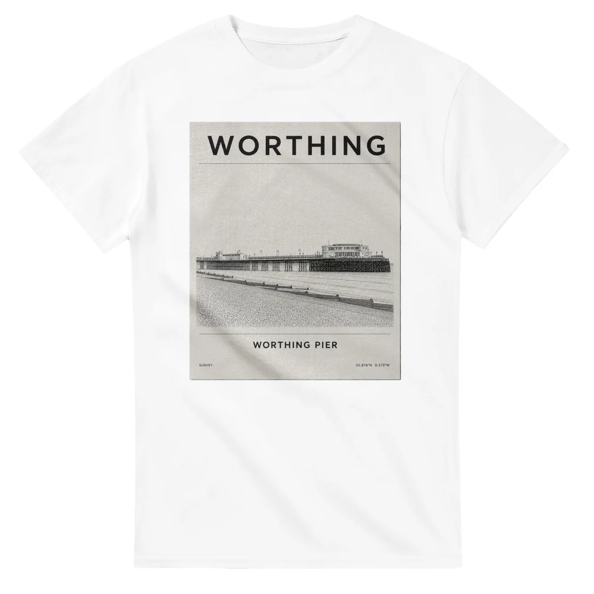 Fine-line engraving-style drawing for Worthing, with a landmark caption and small coordinate text.
