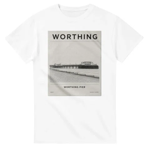 Fine-line engraving-style drawing for Worthing, with a landmark caption and small coordinate text.