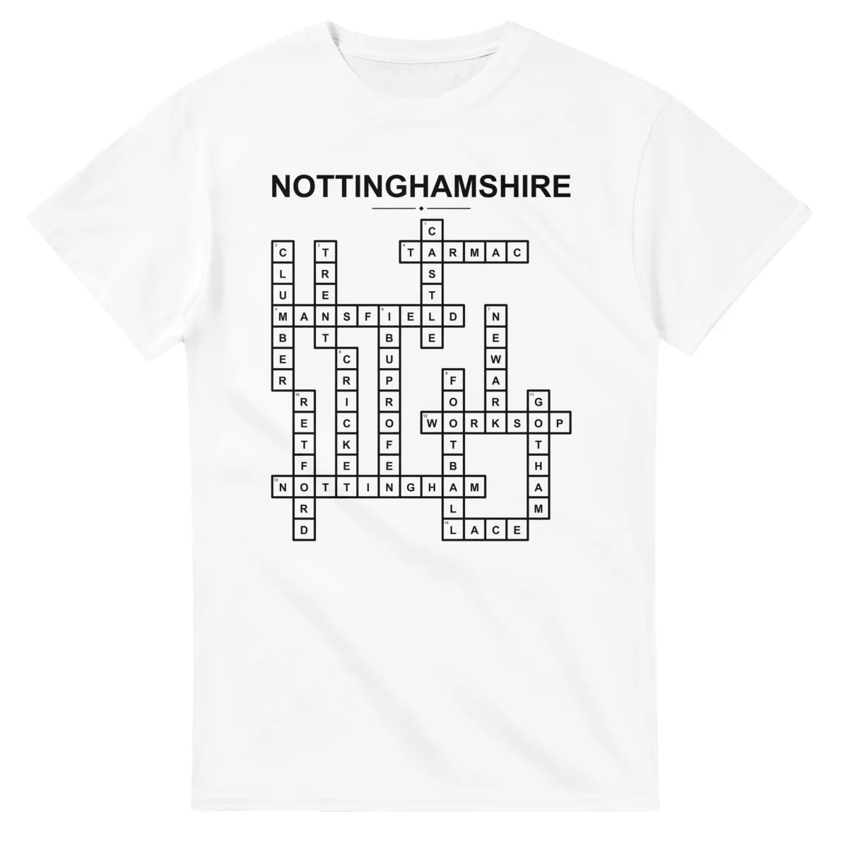 Monochrome crossword sheet for Nottinghamshire, with a large place-name heading, a letter grid, and numbered across and down clues.
