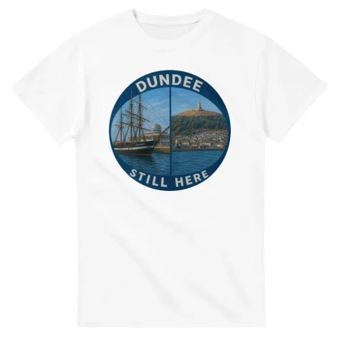 Painted, panelled scenic illustration for Dundee, with paired local scenes and the place name in lettering.