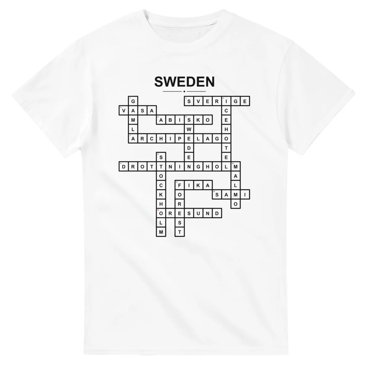Monochrome crossword sheet for Sweden, with a large place-name heading, a letter grid, and numbered across and down clues.