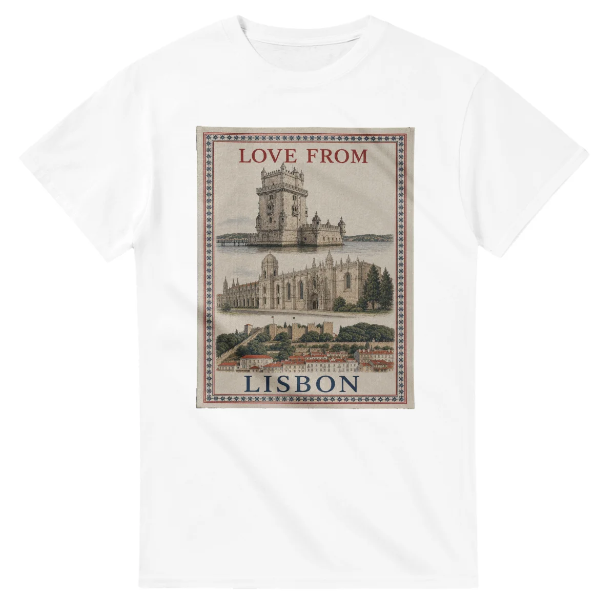 Framed scenic design for Lisbon, with several local views, a decorative border and LOVE FROM lettering.