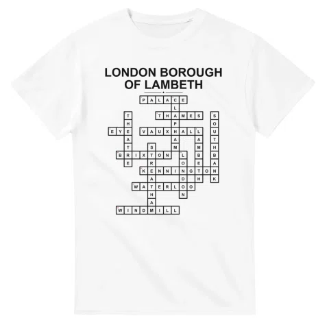 Monochrome crossword sheet for London Borough of Lambeth, with a large place-name heading, a letter grid, and numbered across and down clues.
