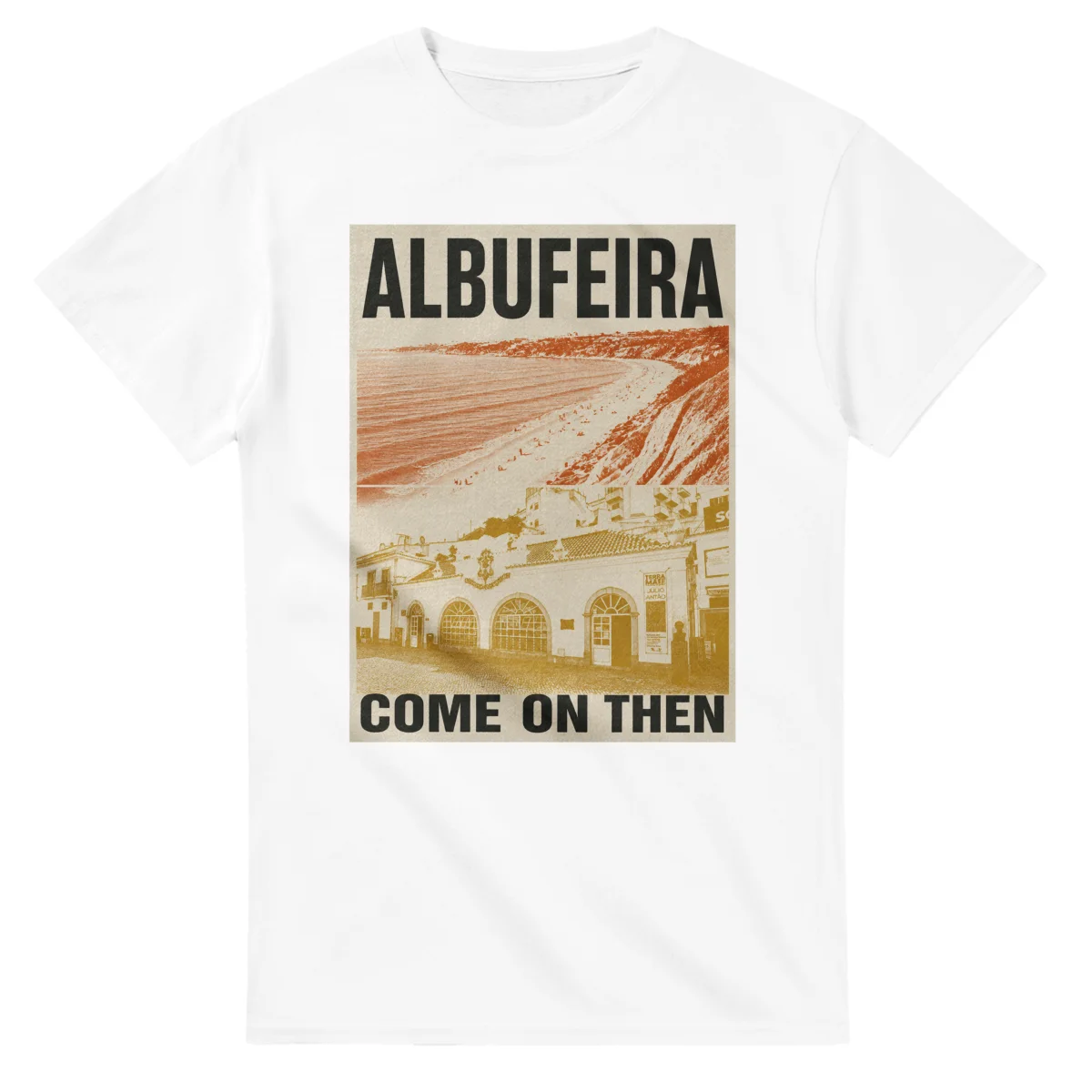 Two-colour scenic illustration for Albufeira, with the place name and COME ON THEN lettering.