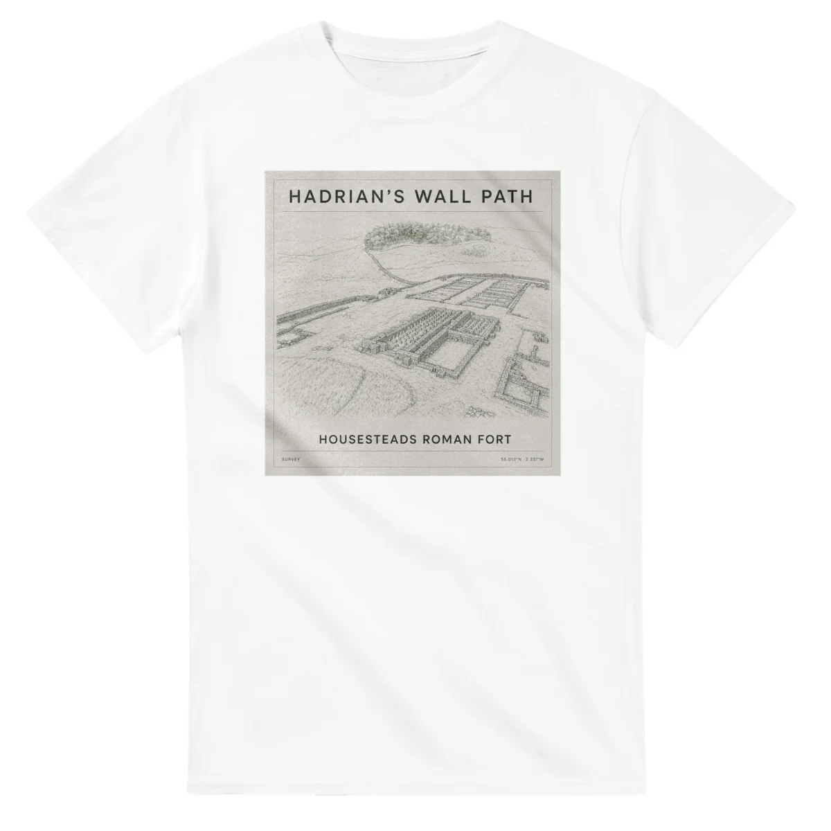 Fine-line engraving-style drawing for Hadrian's Wall Path, with a landmark caption and small coordinate text.
