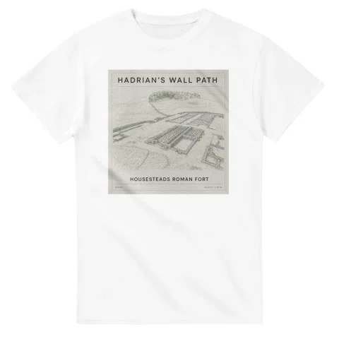 Fine-line engraving-style drawing for Hadrian's Wall Path, with a landmark caption and small coordinate text.