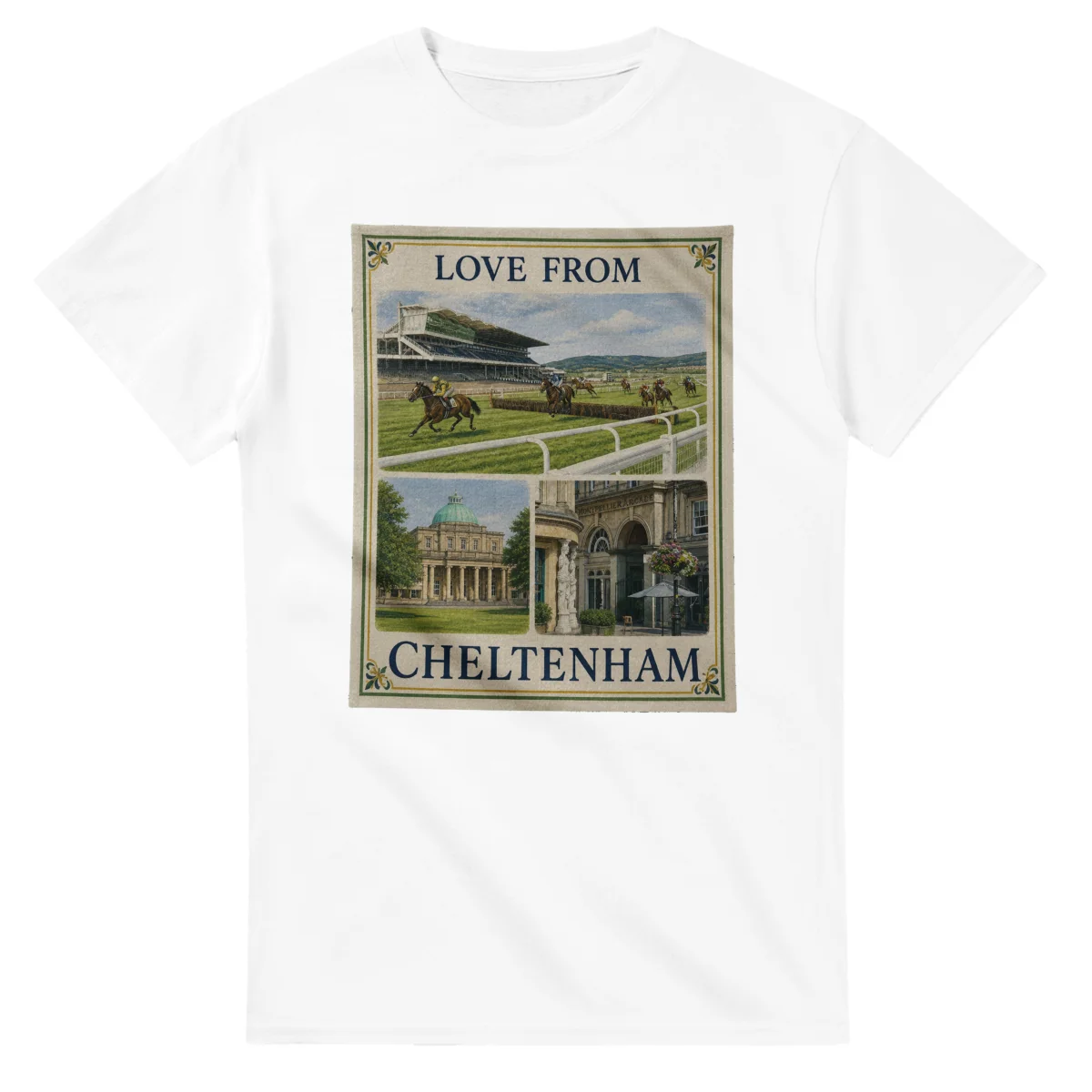 Framed scenic design for Cheltenham, with several local views, a decorative border and LOVE FROM lettering.