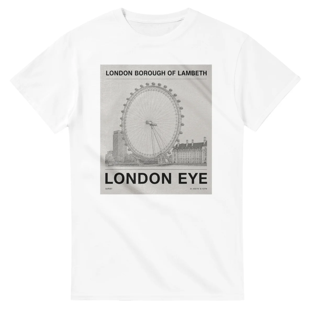 Fine-line engraving-style drawing for London Borough of Lambeth, with a landmark caption and small coordinate text.