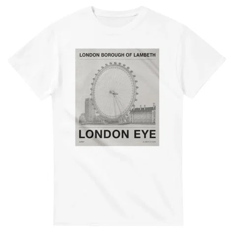 Fine-line engraving-style drawing for London Borough of Lambeth, with a landmark caption and small coordinate text.