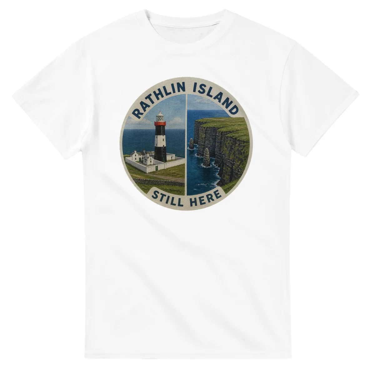 Painted, panelled scenic illustration for Rathlin Island, with paired local scenes and the place name in lettering.