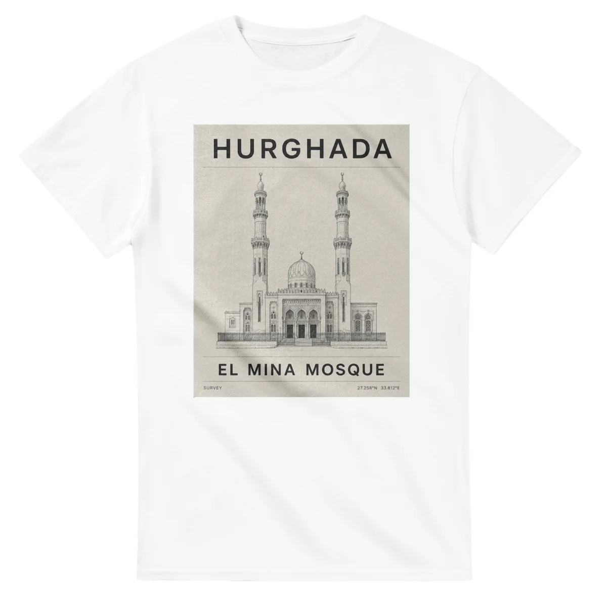 Fine-line engraving-style drawing for Hurghada, with a landmark caption and small coordinate text.