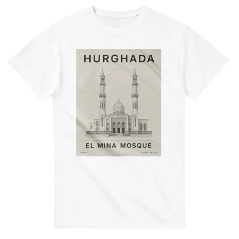 Fine-line engraving-style drawing for Hurghada, with a landmark caption and small coordinate text.
