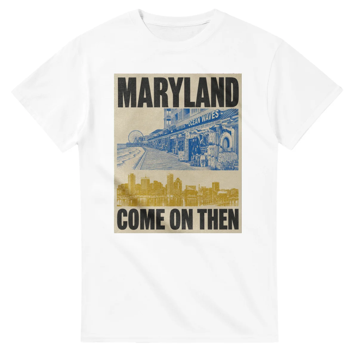 Two-colour scenic illustration for Maryland, with the place name and COME ON THEN lettering.