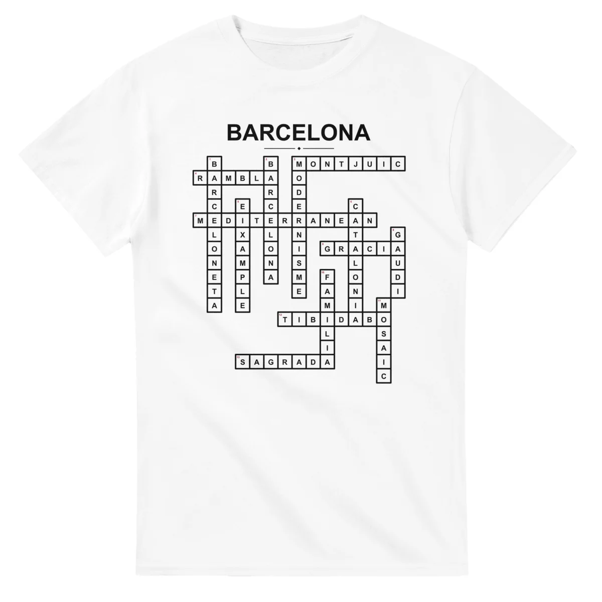 Monochrome crossword sheet for Barcelona, with a large place-name heading, a letter grid, and numbered across and down clues.