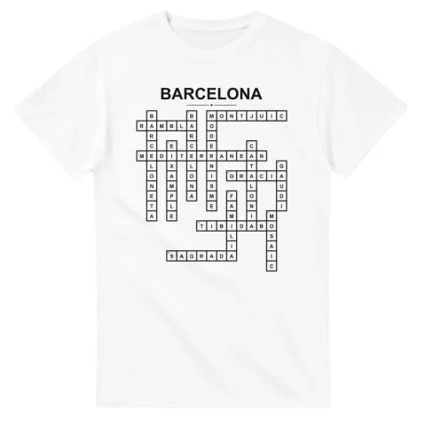 Monochrome crossword sheet for Barcelona, with a large place-name heading, a letter grid, and numbered across and down clues.