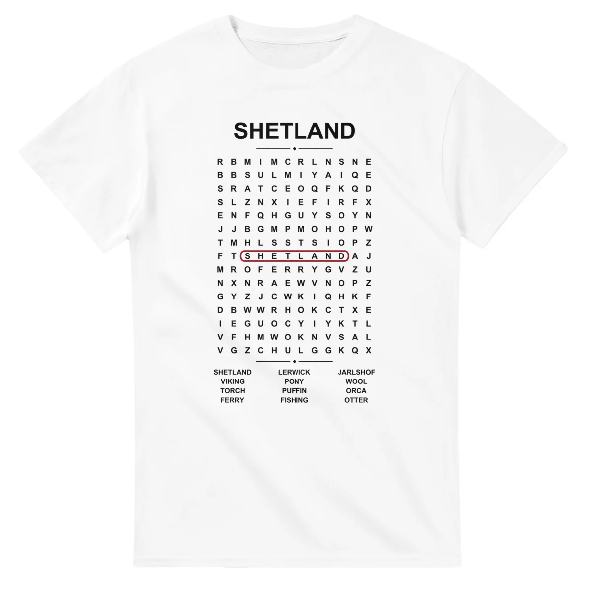 Word-search sheet for Shetland, with a large place-name heading, a letter grid, a local answer list, and a red highlighted example word.