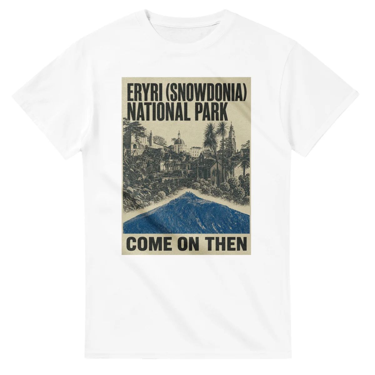 Two-colour scenic illustration for Eryri (Snowdonia) National Park, with the place name and COME ON THEN lettering.