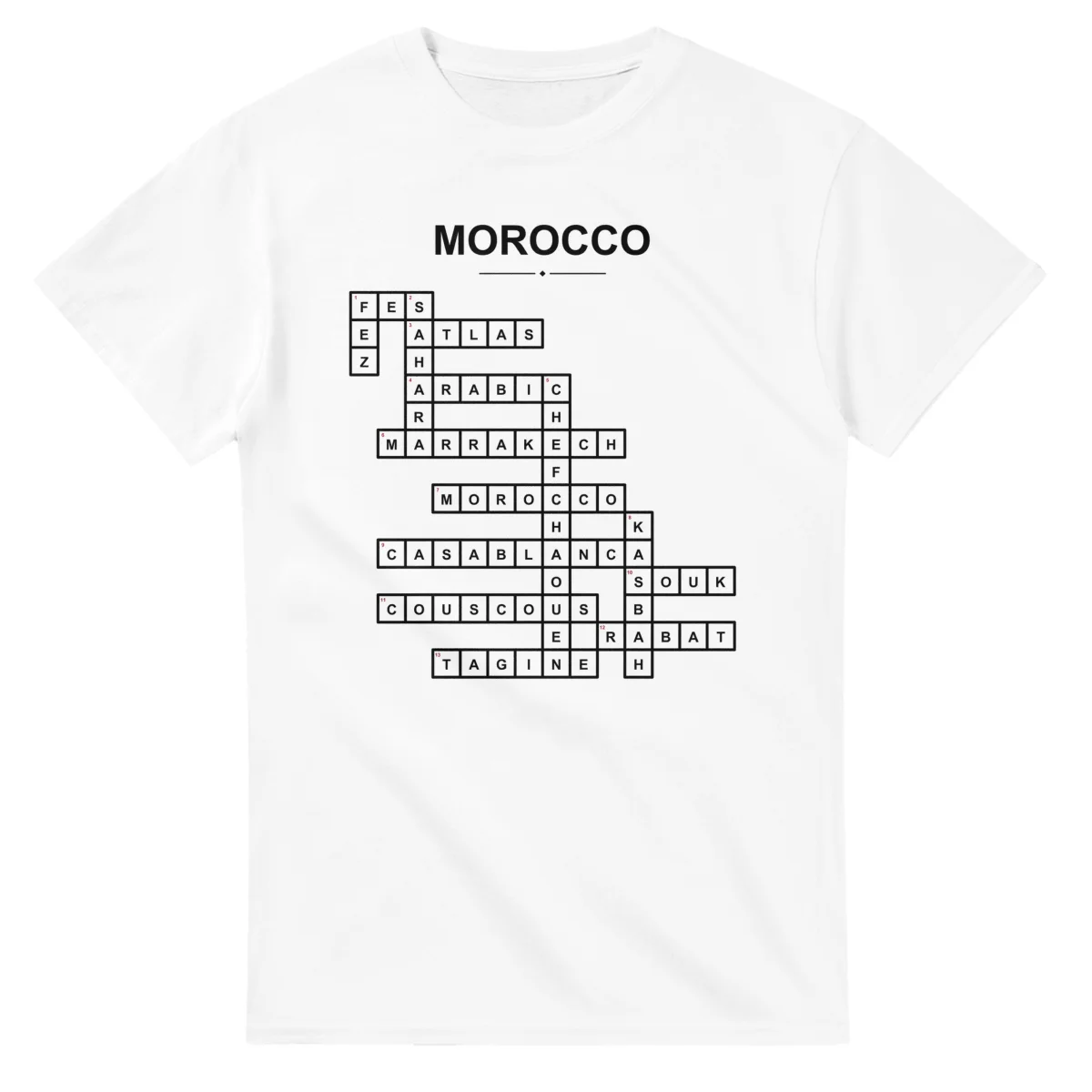 Monochrome crossword sheet for Morocco, with a large place-name heading, a letter grid, and numbered across and down clues.