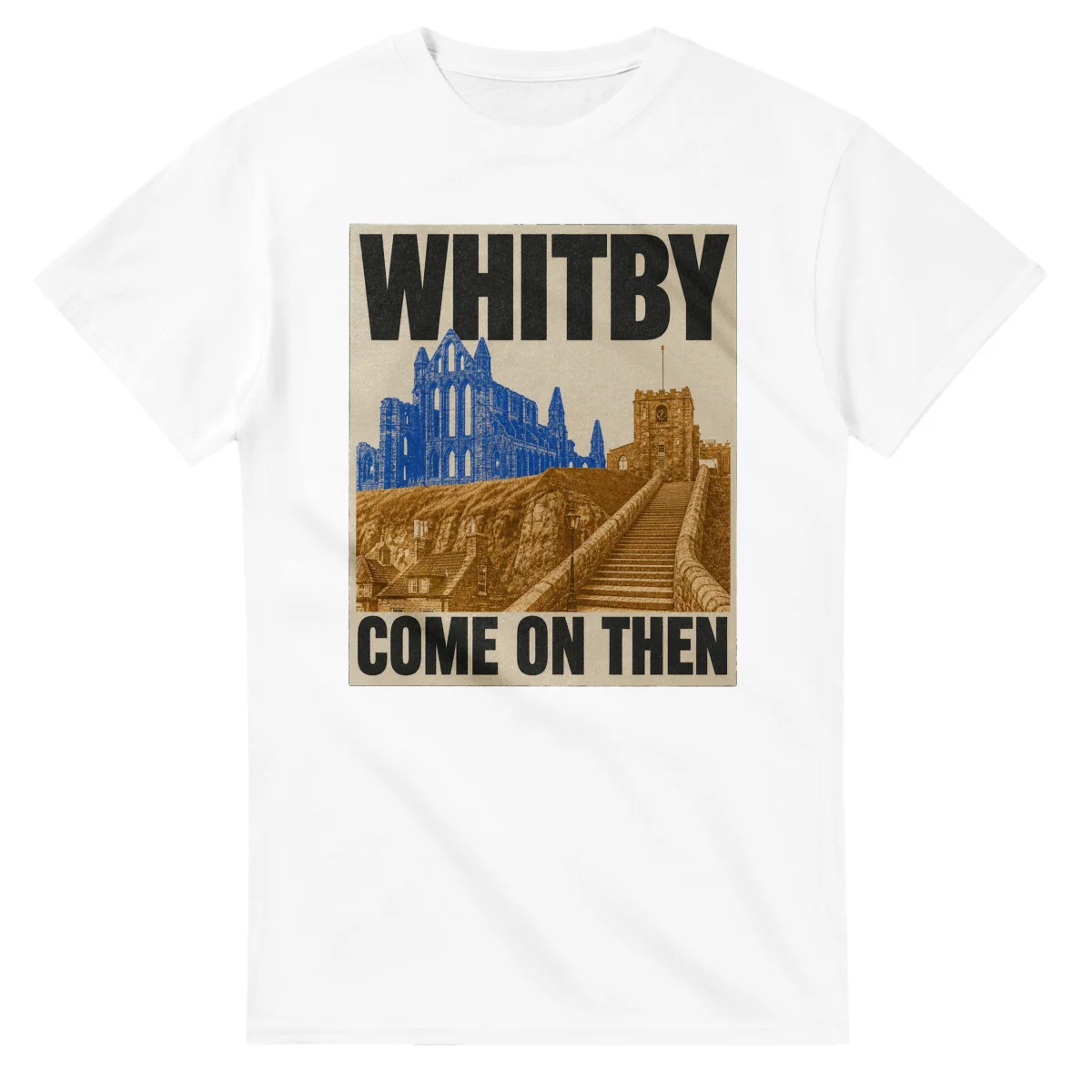 Two-colour scenic illustration for Whitby, with the place name and COME ON THEN lettering.