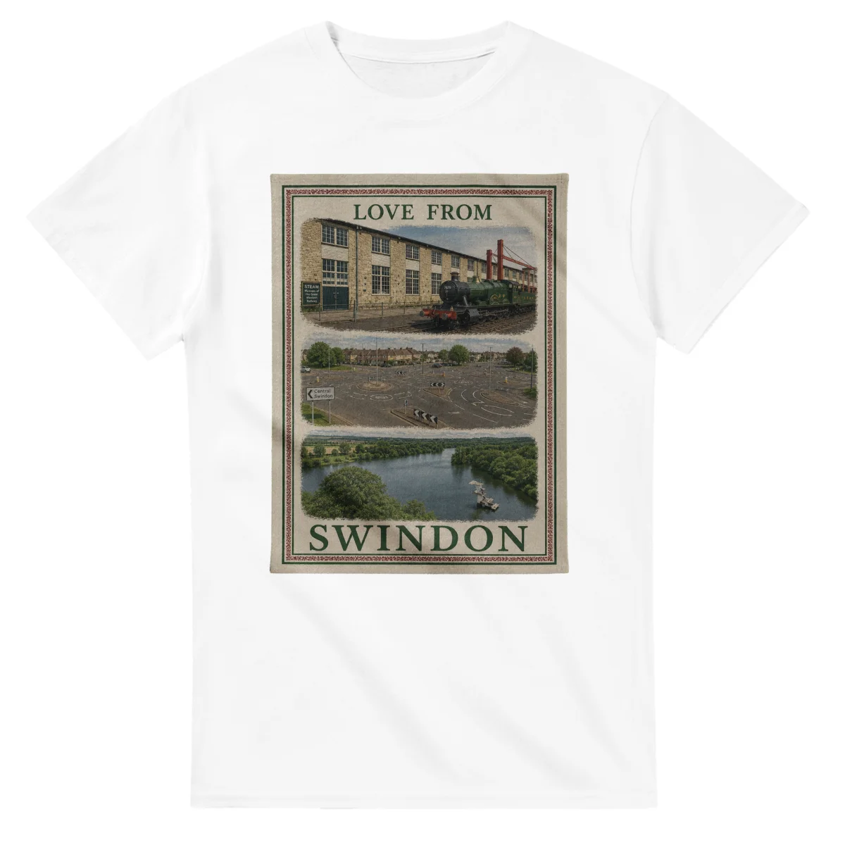 Framed scenic design for Swindon, with several local views, a decorative border and LOVE FROM lettering.