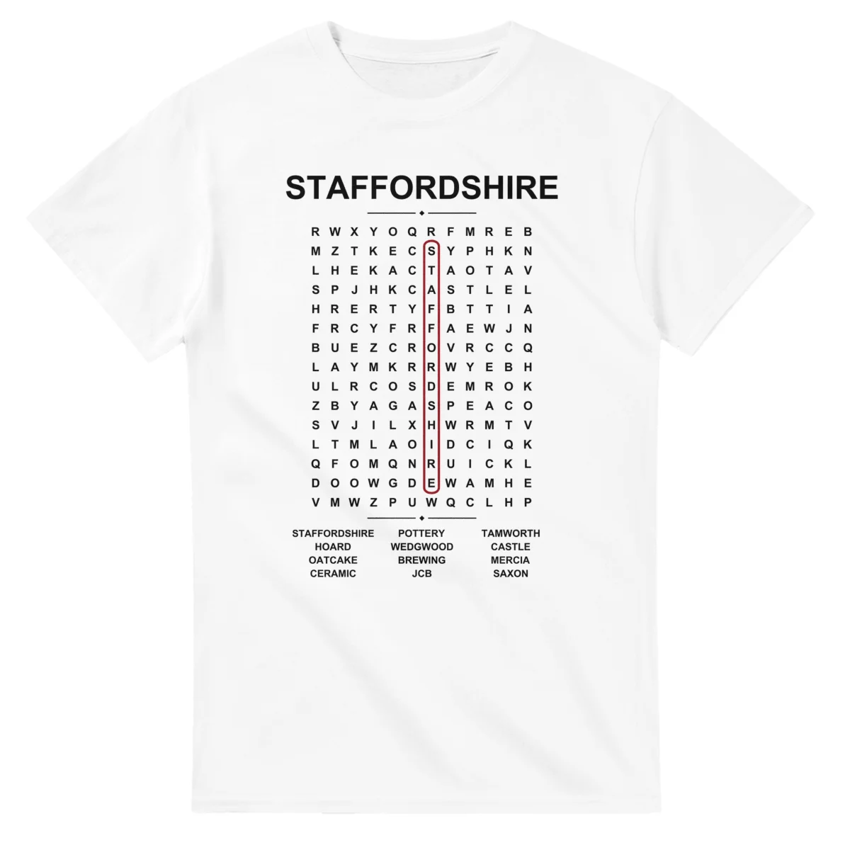 Word-search sheet for Staffordshire, with a large place-name heading, a letter grid, a local answer list, and a red highlighted example word.