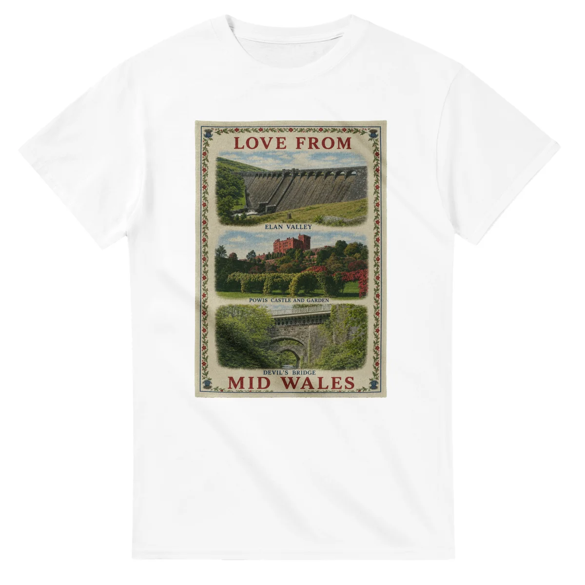 Framed scenic design for Mid Wales, with several local views, a decorative border and LOVE FROM lettering.