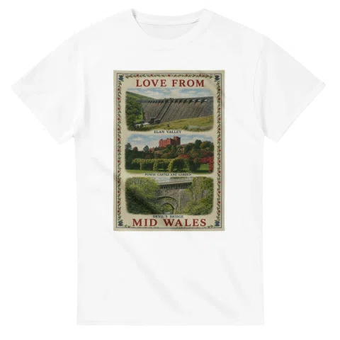 Framed scenic design for Mid Wales, with several local views, a decorative border and LOVE FROM lettering.