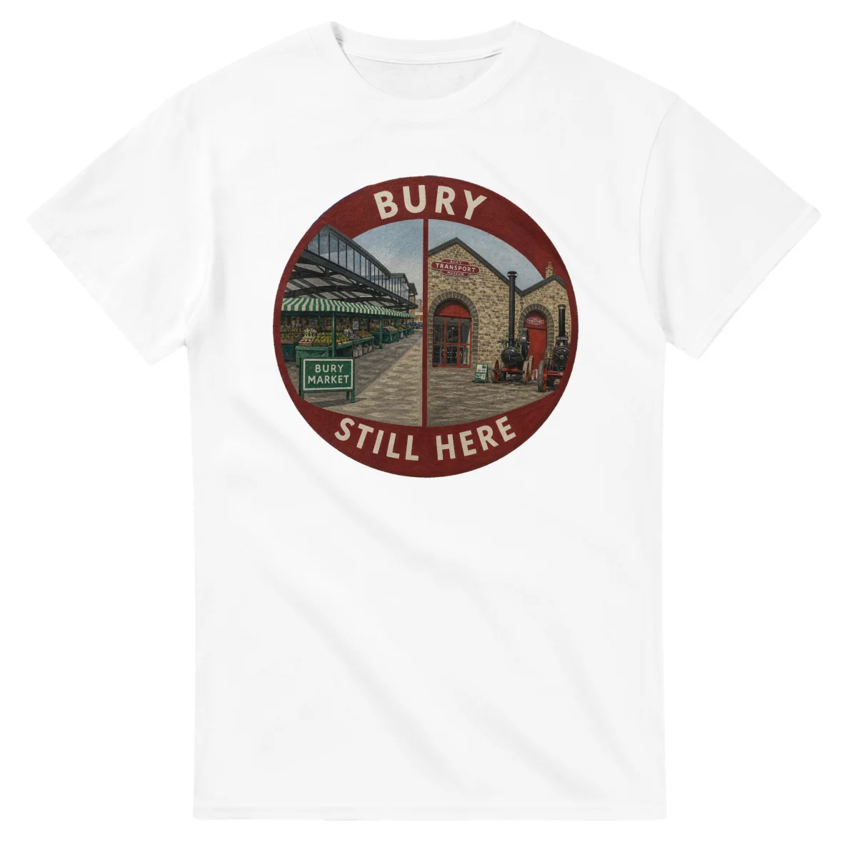 Painted, panelled scenic illustration for Bury, with paired local scenes and the place name in lettering.
