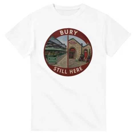 Painted, panelled scenic illustration for Bury, with paired local scenes and the place name in lettering.