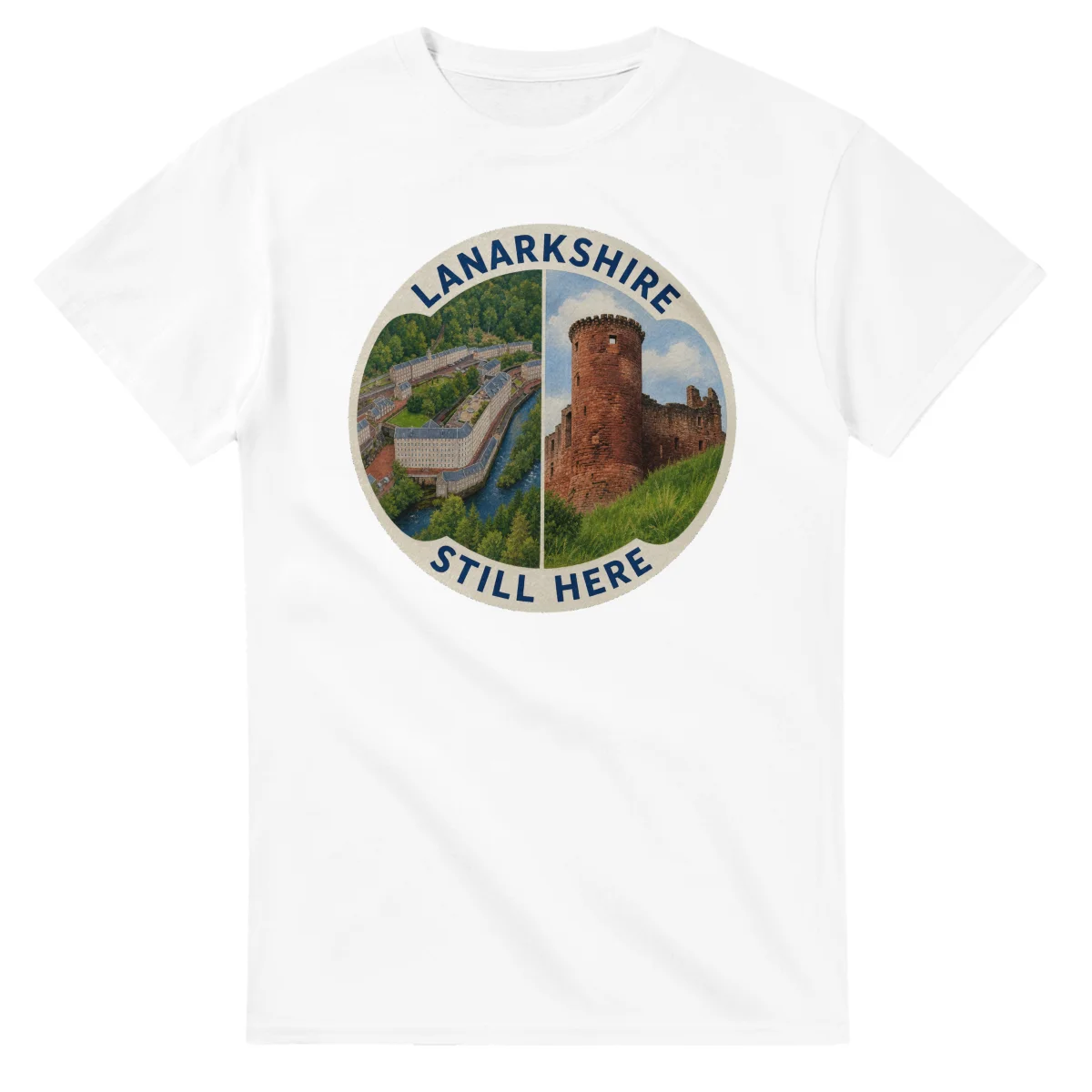 Painted, panelled scenic illustration for Lanarkshire, with paired local scenes and the place name in lettering.
