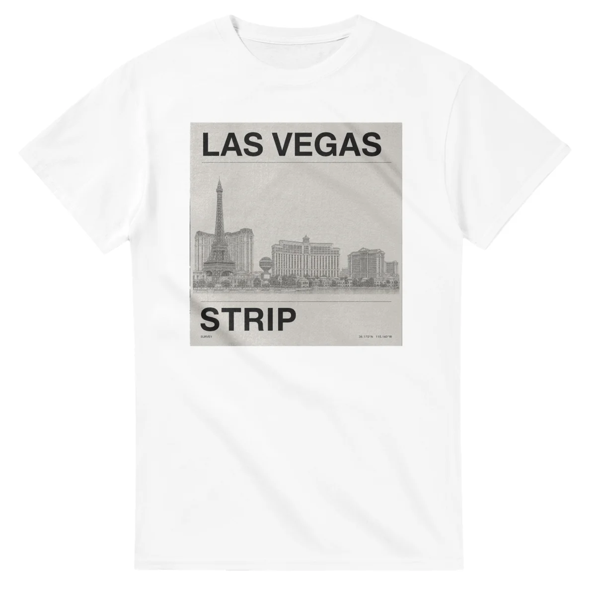 Fine-line engraving-style drawing for Las Vegas, with a landmark caption and small coordinate text.
