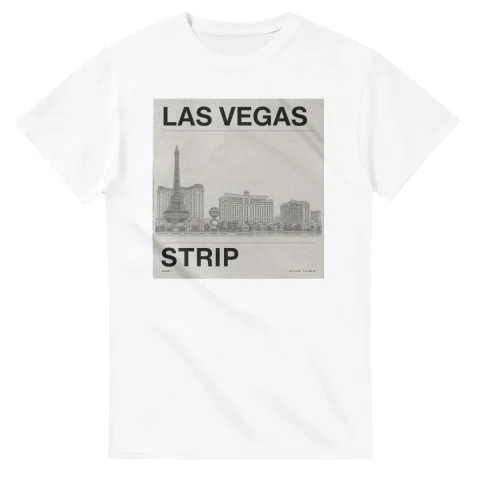 Fine-line engraving-style drawing for Las Vegas, with a landmark caption and small coordinate text.