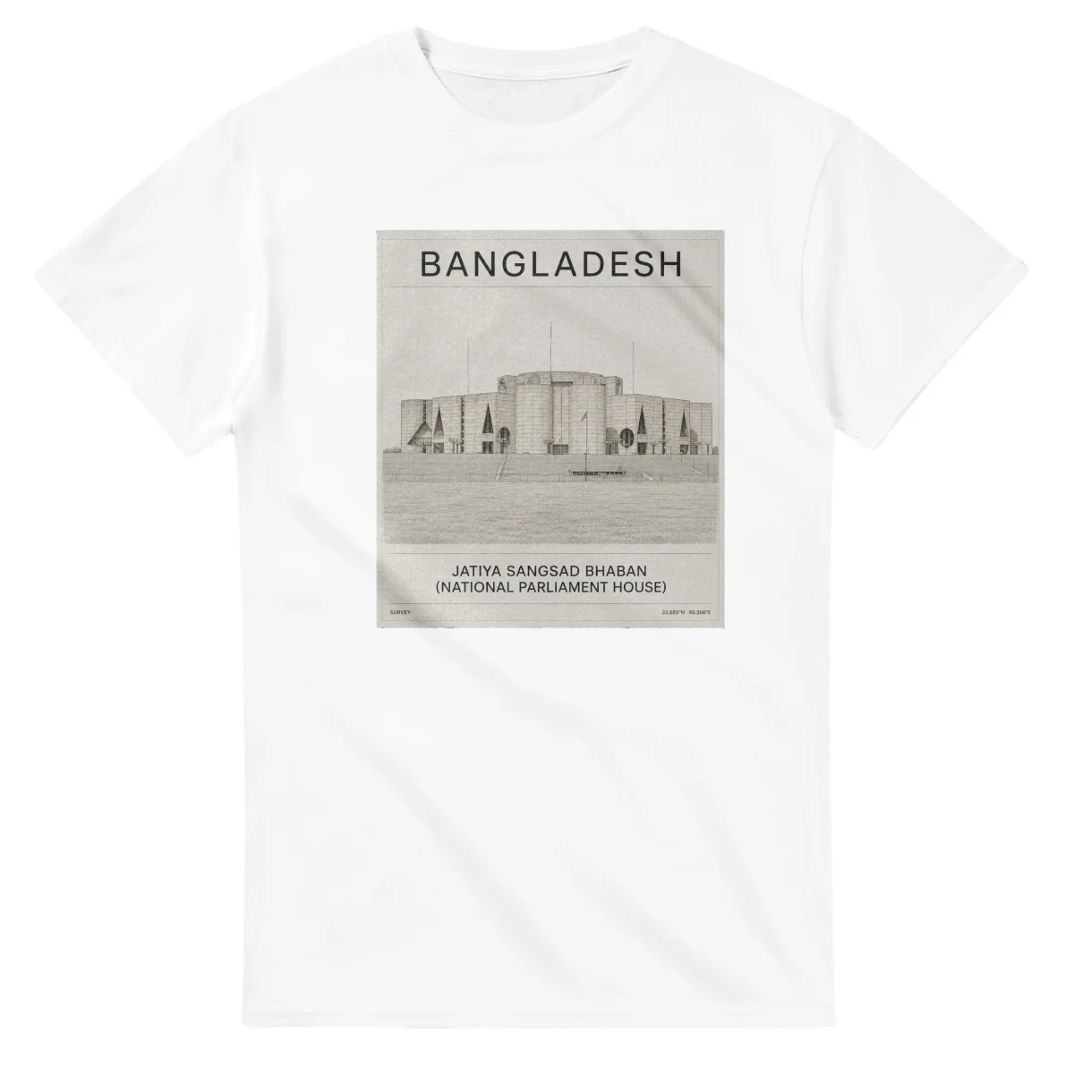 Fine-line engraving-style drawing for Bangladesh, with a landmark caption and small coordinate text.