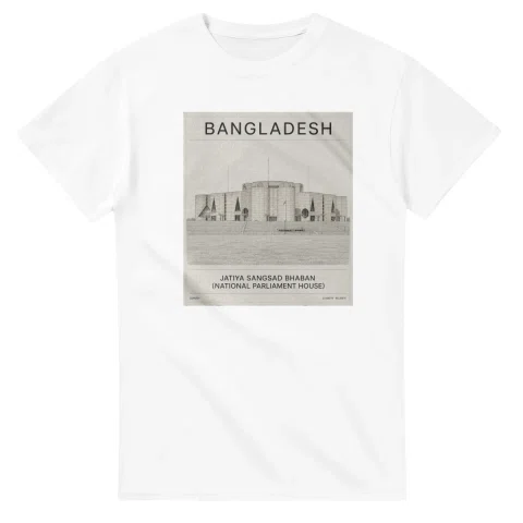Fine-line engraving-style drawing for Bangladesh, with a landmark caption and small coordinate text.