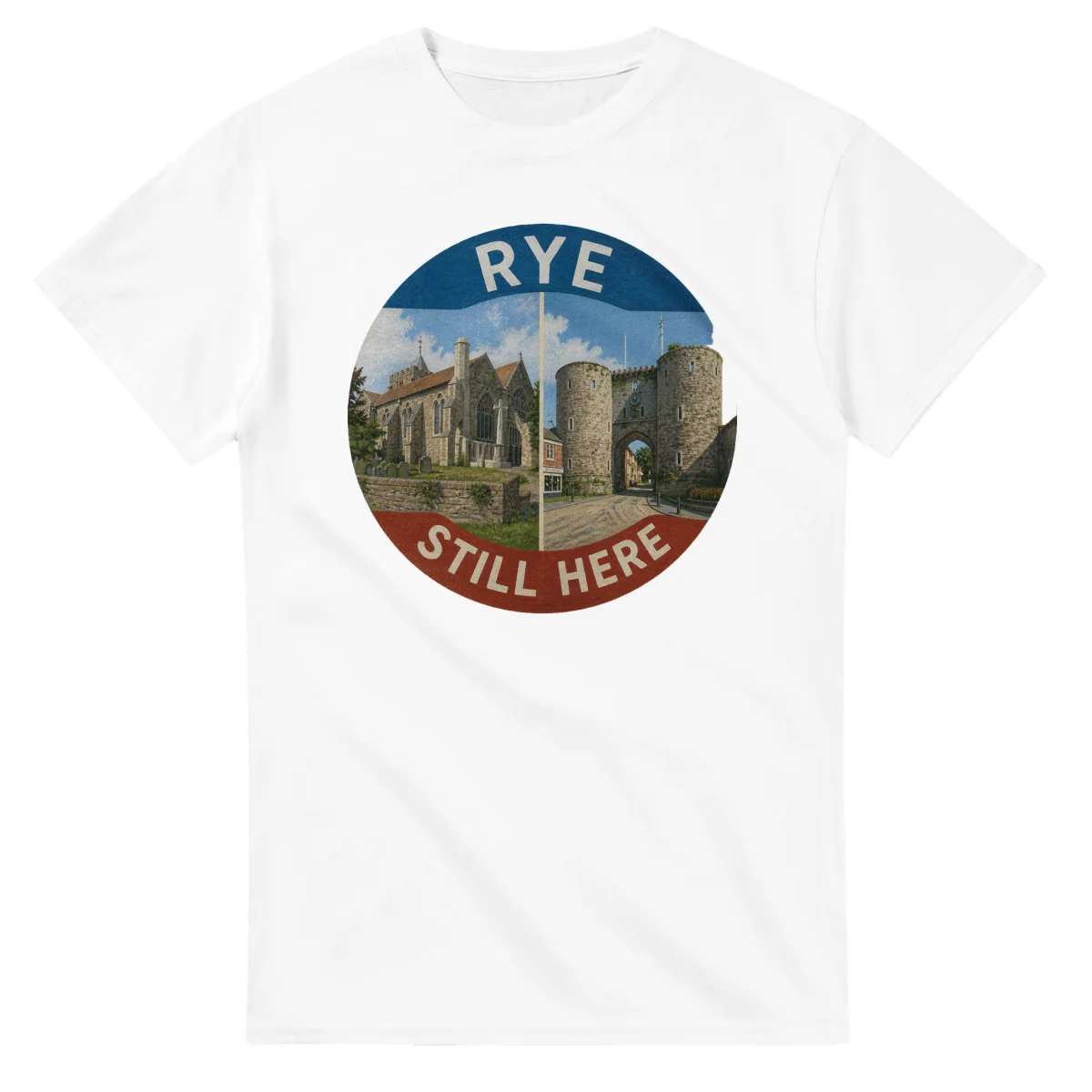 Painted, panelled scenic illustration for Rye, with paired local scenes and the place name in lettering.