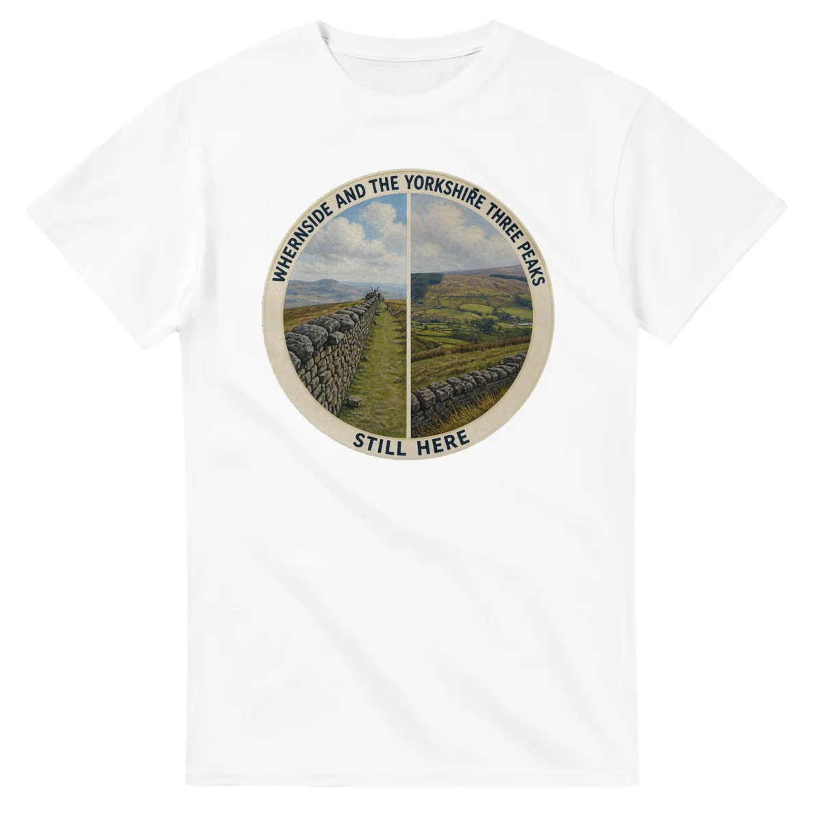 Painted, panelled scenic illustration for Whernside and the Yorkshire Three Peaks, with paired local scenes and the place name in lettering.