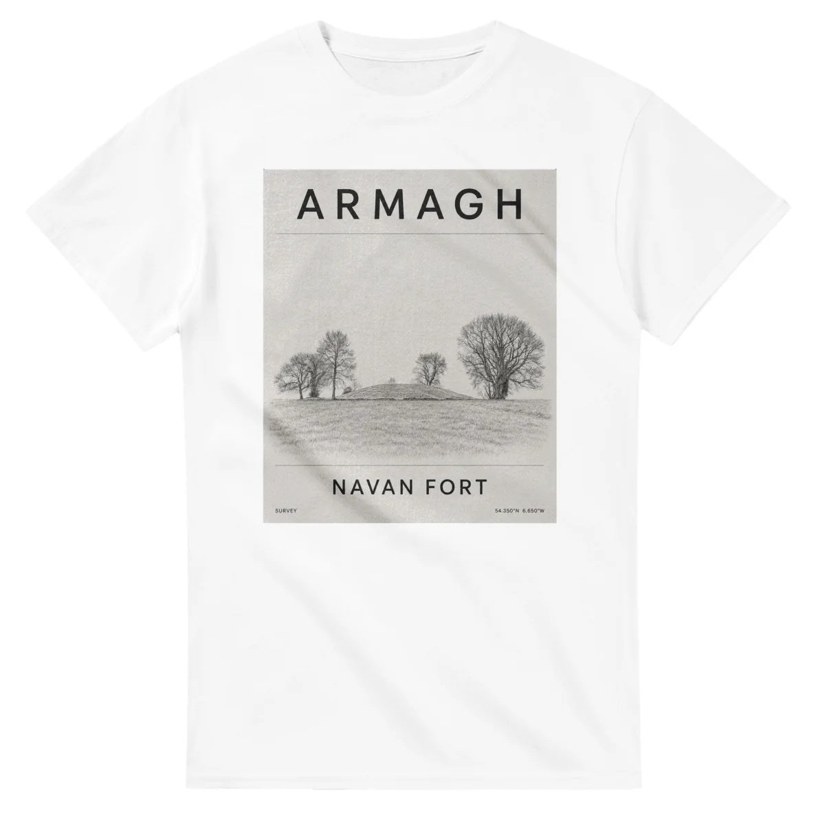 Fine-line engraving-style drawing for County Armagh, with a landmark caption and small coordinate text.